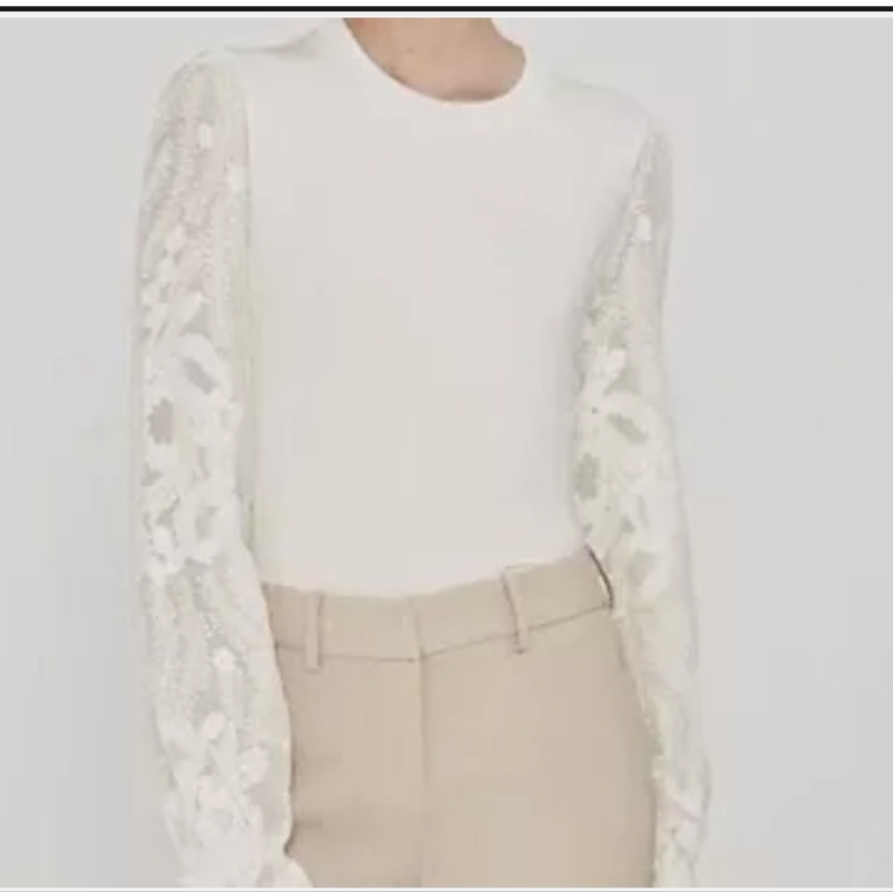 Elie Tahari Hamani knit lace sleeve ruffle wrist embroidered floral sleeve top M
